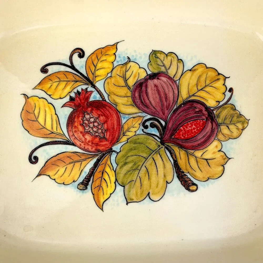 Sur La Table 2000s Italian Fruit Casserole Dish, Figs & Pomegranate Leaves